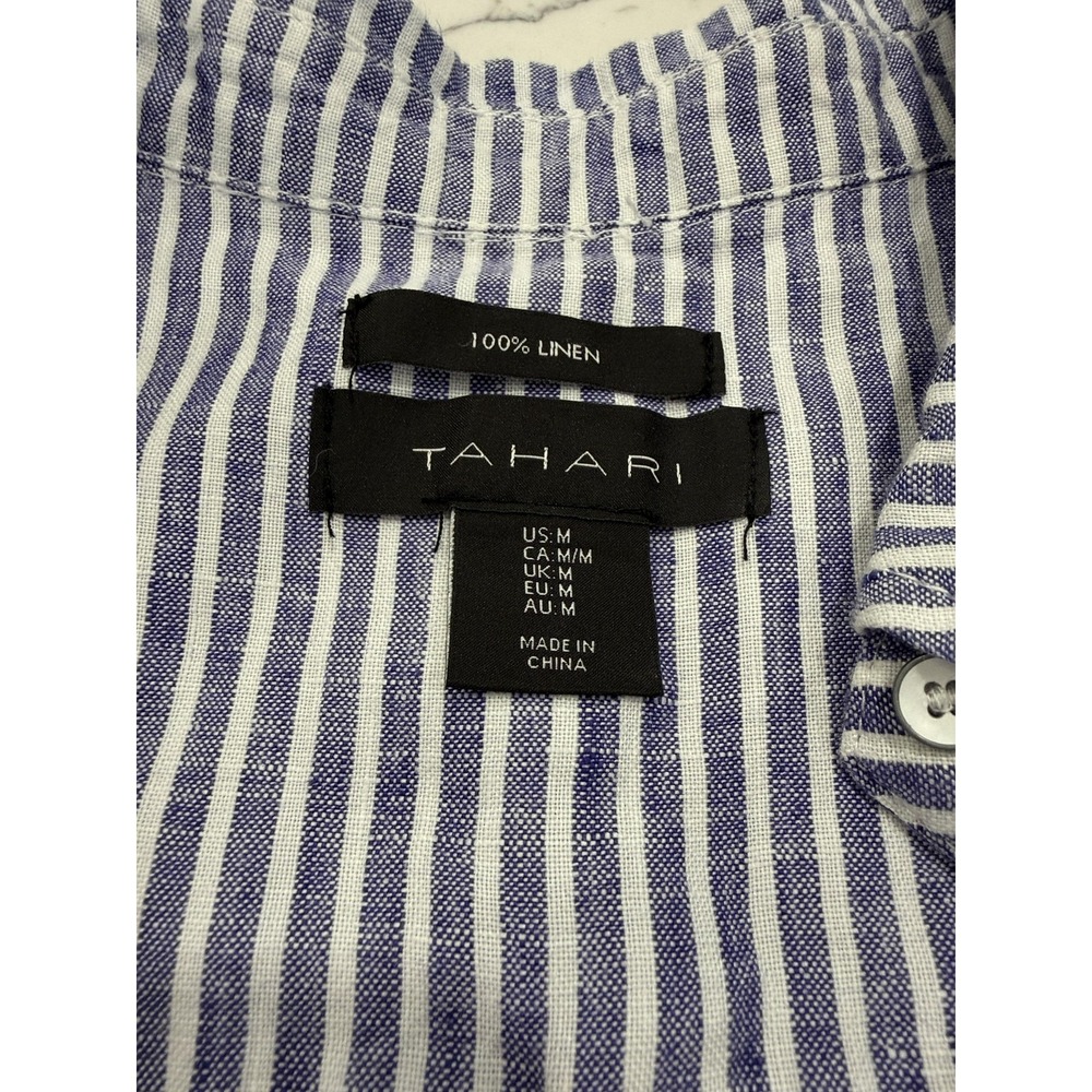 Tahari Dress Womens Medium Blue White Striped Linen Shirt Short Sleeve Casual - Picture 6 of 8